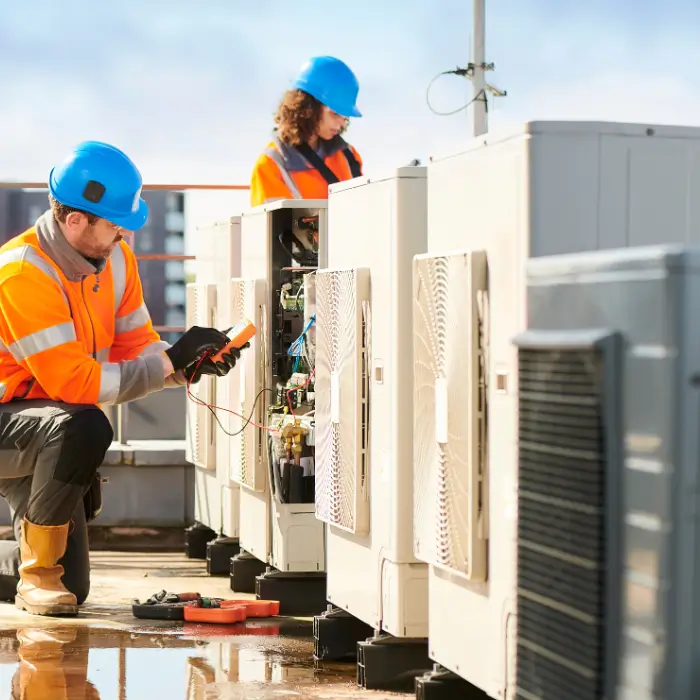 Man performing maintenance on wall-mounted air conditioner unit